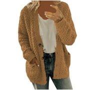 CEHVOM Plus Size&nbsp;Tops&nbsp;for Women Women Casual Plus Size Plush Sweater Pockets Outerwear Buttons Cardigan Coat