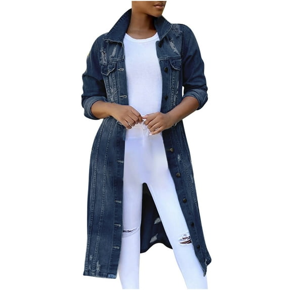 CEHVOM Plus Size Tops for Women Women's Mid Length Casual Handsome Distressed Denim Long Trench Coat