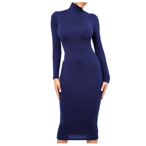CEHVOM Summer Dresses for Women 2022 Women's Slim High Neck Long Sleeve Solid Color Dress