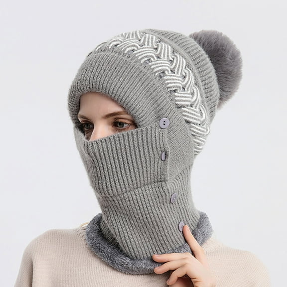 CEHVOM Woman's Winter Warm Neck Guard Head Guard Knitted Hat Scarf Mask In One Hairball Woolen Cap