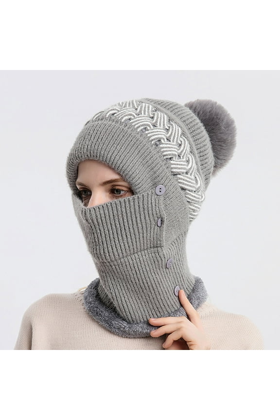 Woman's Winter Warm Neck Guard Head Guard Knitted Hat Scarf Mask In One Hairball Woolen Cap