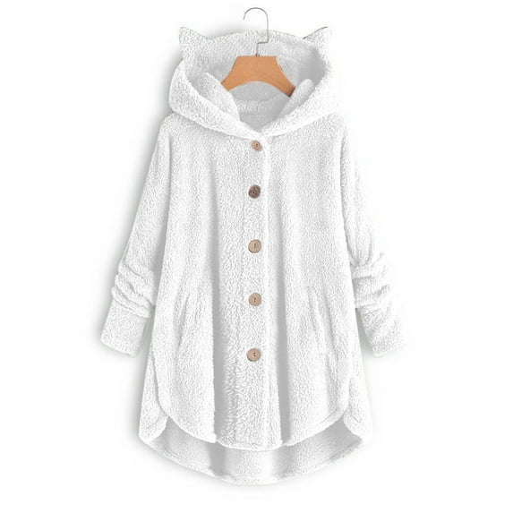 CEHVOM Women Button Plush Tops Hooded Loose Cardigan Solid Color Coat Jacket