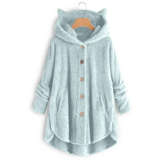 CEHVOM Women Button Plush Tops Hooded Loose Cardigan Solid Color Coat Jacket
