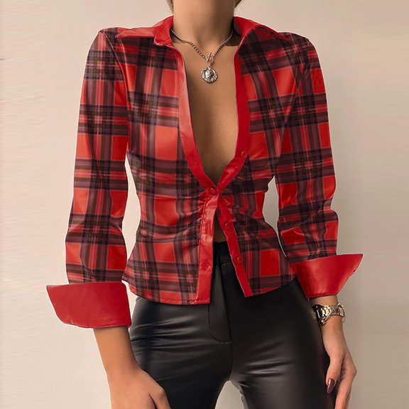 CEHVOM Women Classic Plaid Printing Blouse Slim Buttons Lapel Long Sleeve Tunic Tops