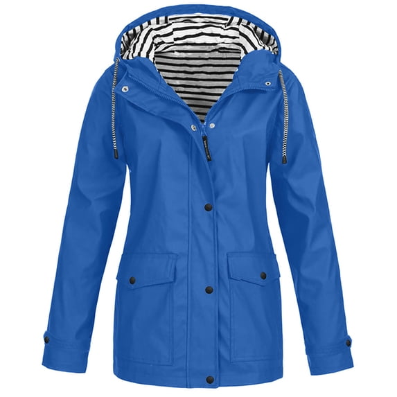 CEHVOM Women Solid Rain Jacket Outdoor Plus Size Waterproof Hooded Raincoat Windproof