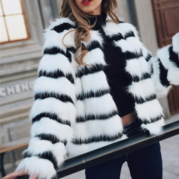 CEHVOM Women's Casual Loose Round Neck Temperament Imitation Fur Casual Coat Mixed Color Coat