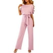 Amropi Women Slash Neck Jumpsuit Short Sleeve Belted Romper Loose Casual Playsuit
