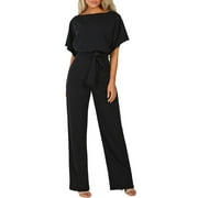 CEHVOM Women's Casual Loose Short Sleeve Belted Wide Leg Pant Romper Jumpsuits Petite
