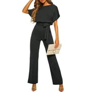 ESASSALYY CEHVOM Women's Casual Loose Short Sleeve Belted Wide Leg Pant Romper Jumpsuits Petite