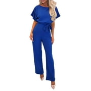 ESASSALYY CEHVOM Women's Casual Loose Short Sleeve Belted Wide Leg Pant Romper Jumpsuits Petite