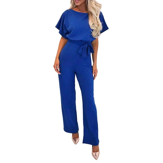 CEHVOM Women's Casual Loose Short Sleeve Belted Wide Leg Pant Romper Jumpsuits Petite