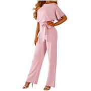 CEHVOM Women's Casual Loose Short Sleeve Belted Wide Leg Pant Romper Jumpsuits Petite