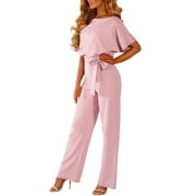 ESASSALYY CEHVOM Women's Casual Loose Short Sleeve Belted Wide Leg Pant Romper Jumpsuits Petite