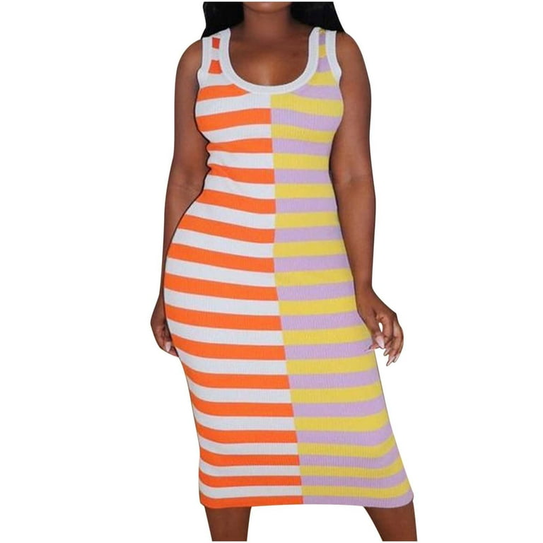 CEHVOM Women's Summer Stripe Printing Casual Sleeveless Round Neck Dress 