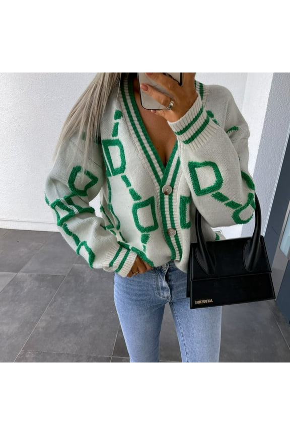 CEHVOM Women's V-Neck Sweater Cardigan Loose Letter Pattern Long Sleeve Sweater Tops