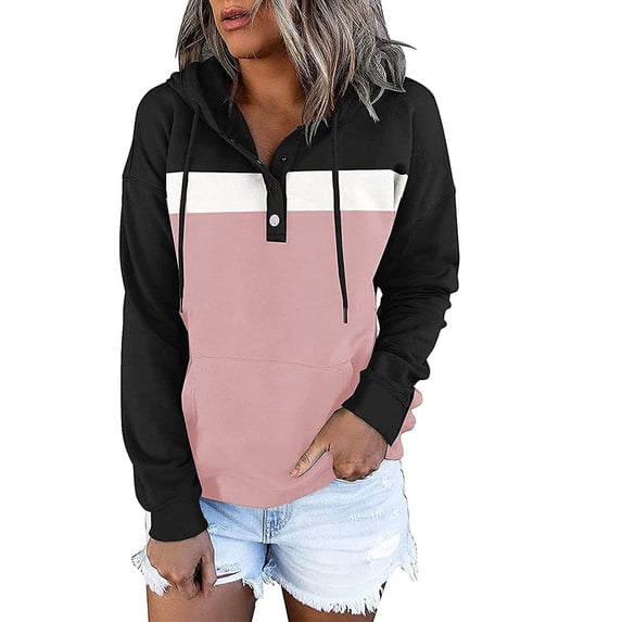 CEHVOM Womens Hooded Button Collar Drawstring Hoodies Pullover Sweatshirts Casual Long Sleeve Tops Shirts