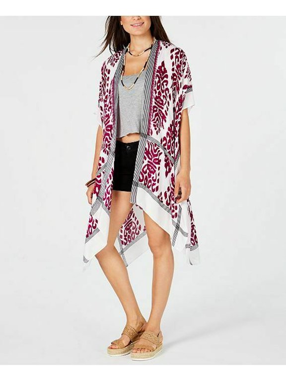 $42 Womens New White Printed Cap Sleeve Kimono Casual Top ONE SIZE B+B
