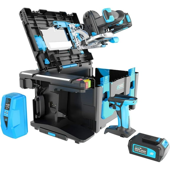 POWER8 Workshop - 20V Cordless Power Tool Combo Kit: Drill/Driver, Circular Saw, Jigsaw, Work Light  Armored Case with Benchtop Functions (battery and charger dock included)