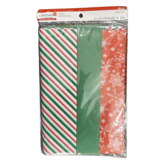 Celebrate It Christmas Tissue Paper 20x20in 36-pc | Candy Cane, Solid Green Snowflake