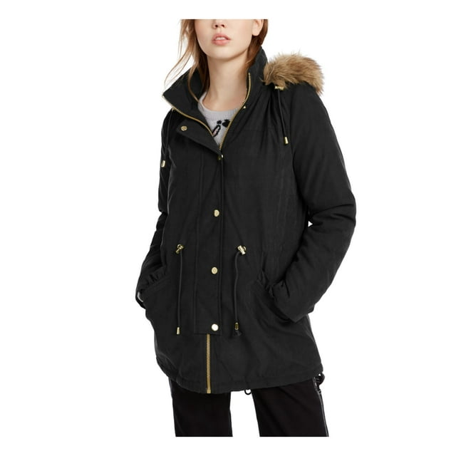 CELEBRITY PINK Womens Black Faux Fur Hood Parka Winter Jacket Coat Juniors L