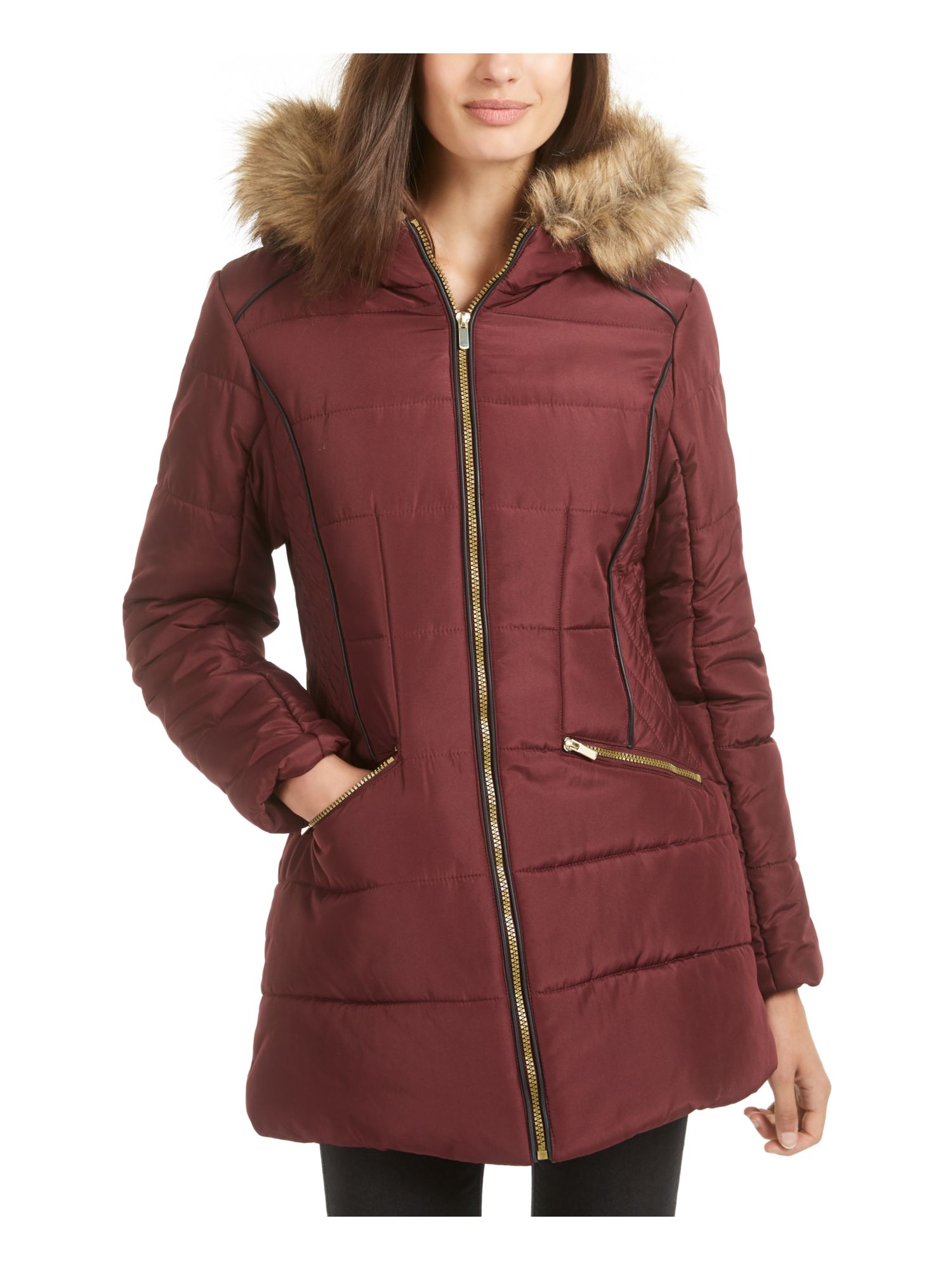 CELEBRITY PINK Womens Burgundy Faux Fur Pocketed Zippered Puffer Winter Jacket Coat S - image 1 of 3