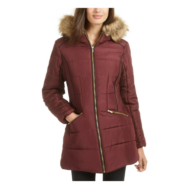 CELEBRITY PINK Womens Burgundy Faux Fur Pocketed Zippered Puffer Winter Jacket Coat S