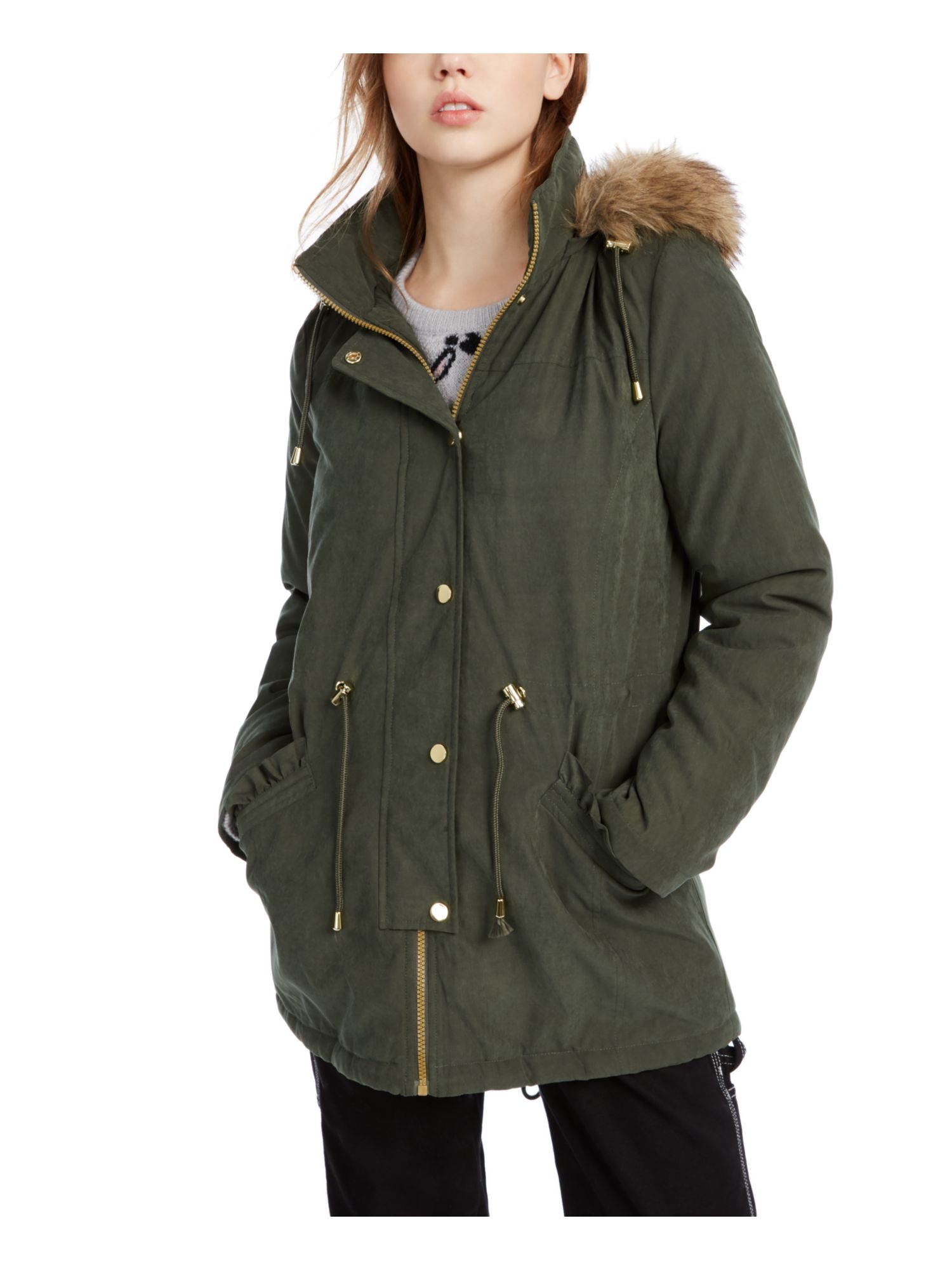 CELEBRITY PINK Womens Green Faux Fur Hood Parka Winter Jacket Coat Juniors L - image 1 of 2