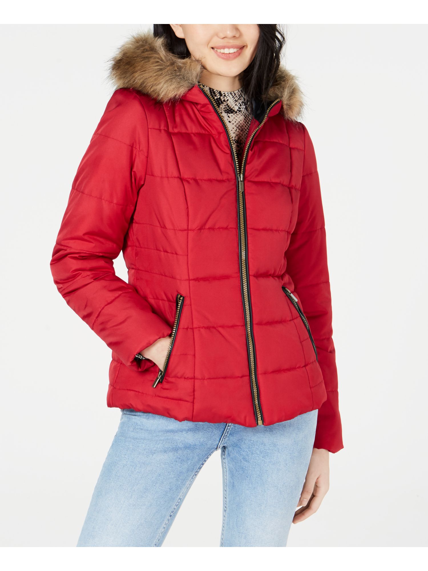 CELEBRITY PINK Womens Red Zippered Faux Fur Hood Lined Puffer Winter Jacket Coat Juniors M - image 1 of 2