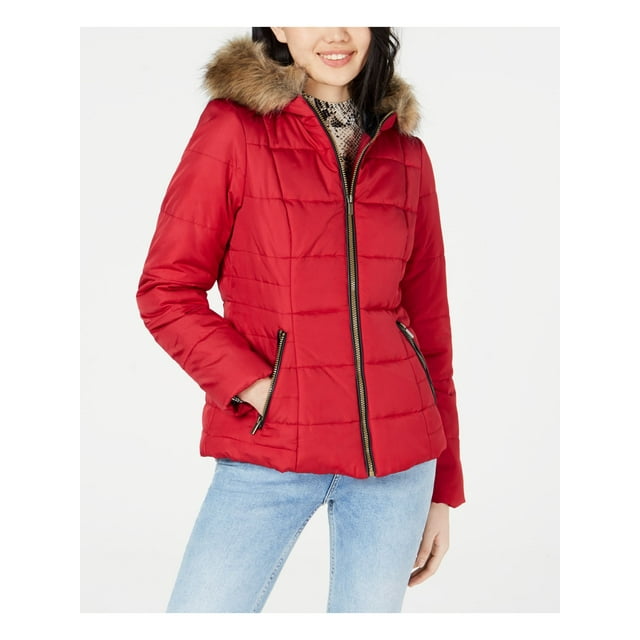 CELEBRITY PINK Womens Red Zippered Faux Fur Hood Lined Puffer Winter Jacket Coat Juniors M