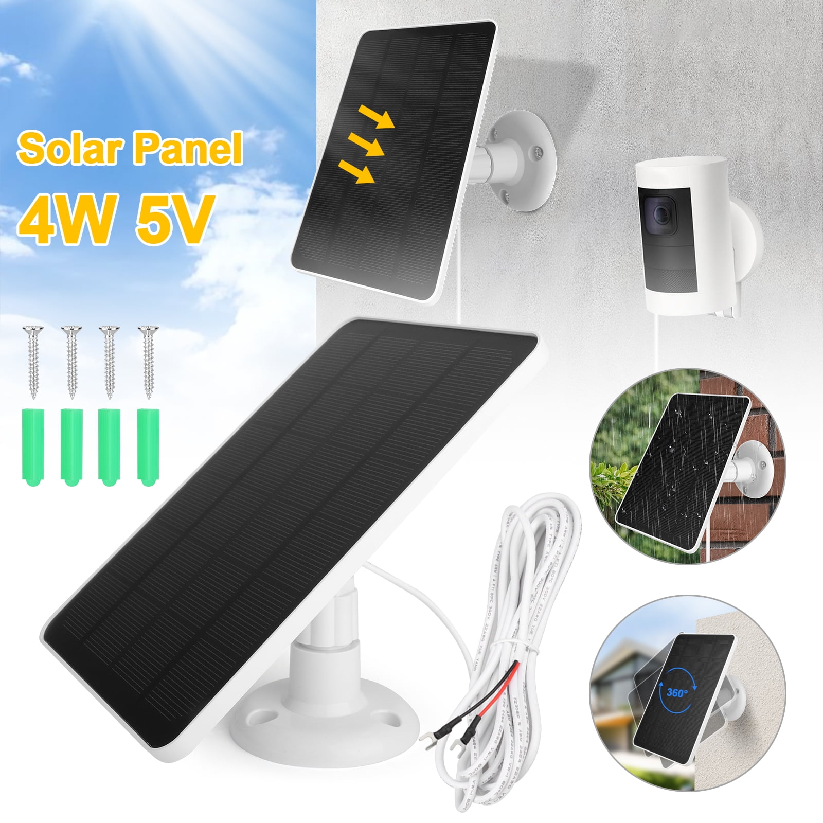 CELECTIGO 10ft 4W 5V Solar Panel Charger with Cable Fork power connector, IP65 Waterproof Monocrystalline Charger for Ring Video Doorbells 2/3+/4