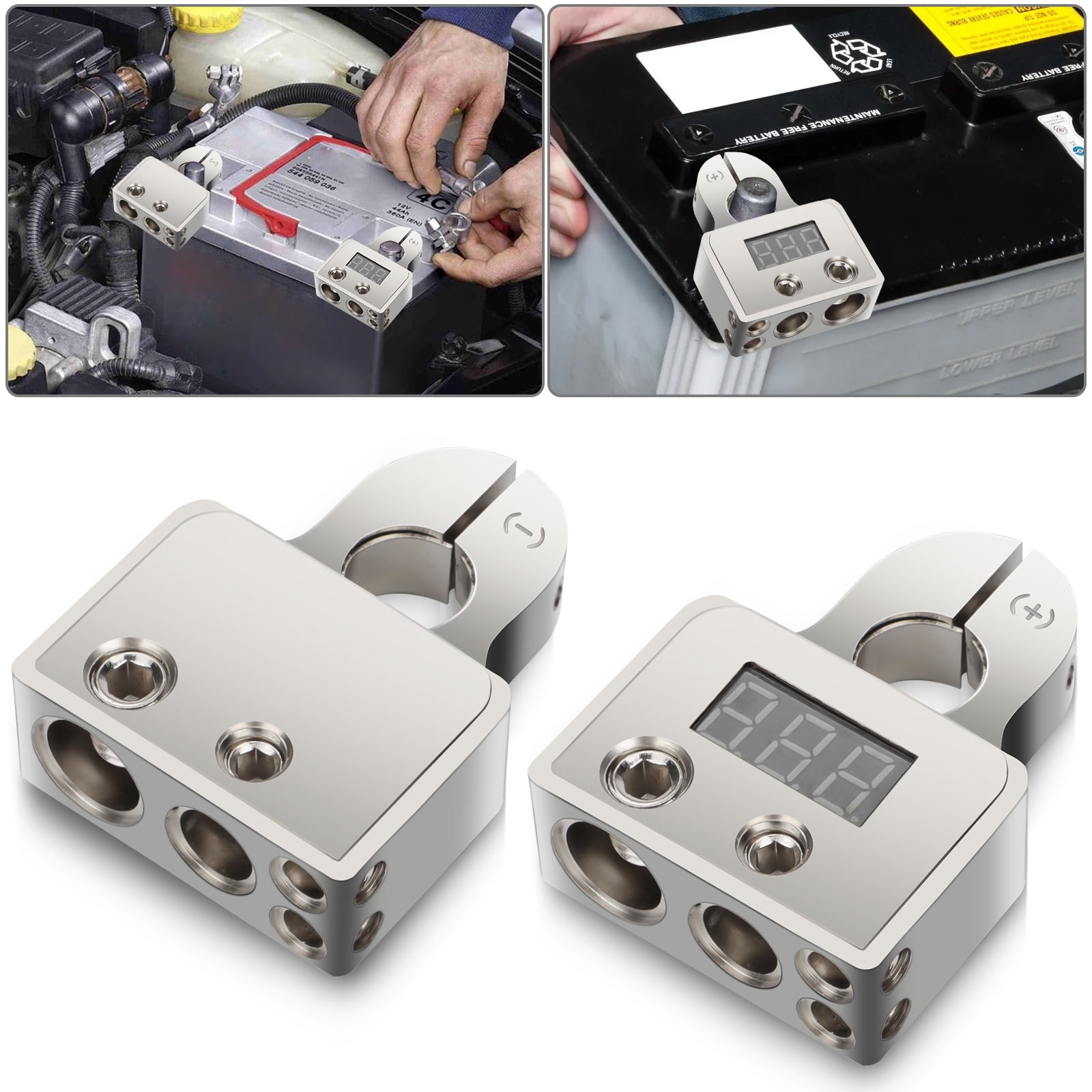 CELECTIGO 2 Pcs Car Battery Terminal Connectors Kit, featuring a built-in LED Display Voltmeter. Ideal for 0/4/8/10 gauge AWG, this kit offers the versatility to different sizes