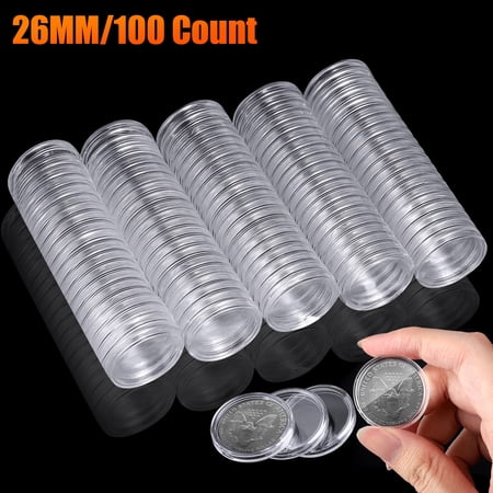 CELECTIGO 26mm Coin Holder Capsules, Clear Round Plastic Container Case Storage Organizer Box for Coin Collection Supplies - 100pcs