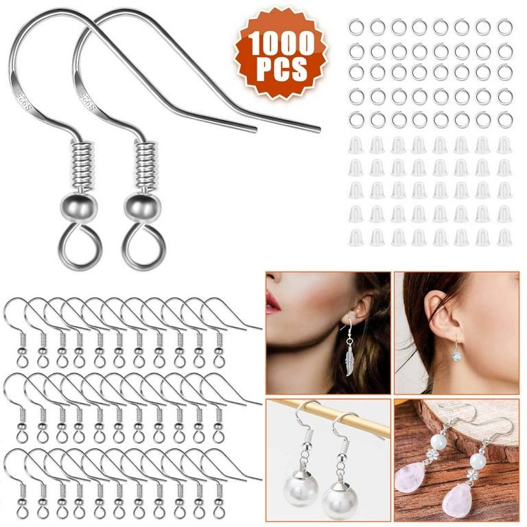 CELECTIGO 925 Sterling Silver Earring Hooks, 1000-Pcs Ear Wire Fish Hooks  Hypoallergenic Earring Making Kit with Clear Silicone Earring Backs  Stoppers for All DIY Jewelry Making 
