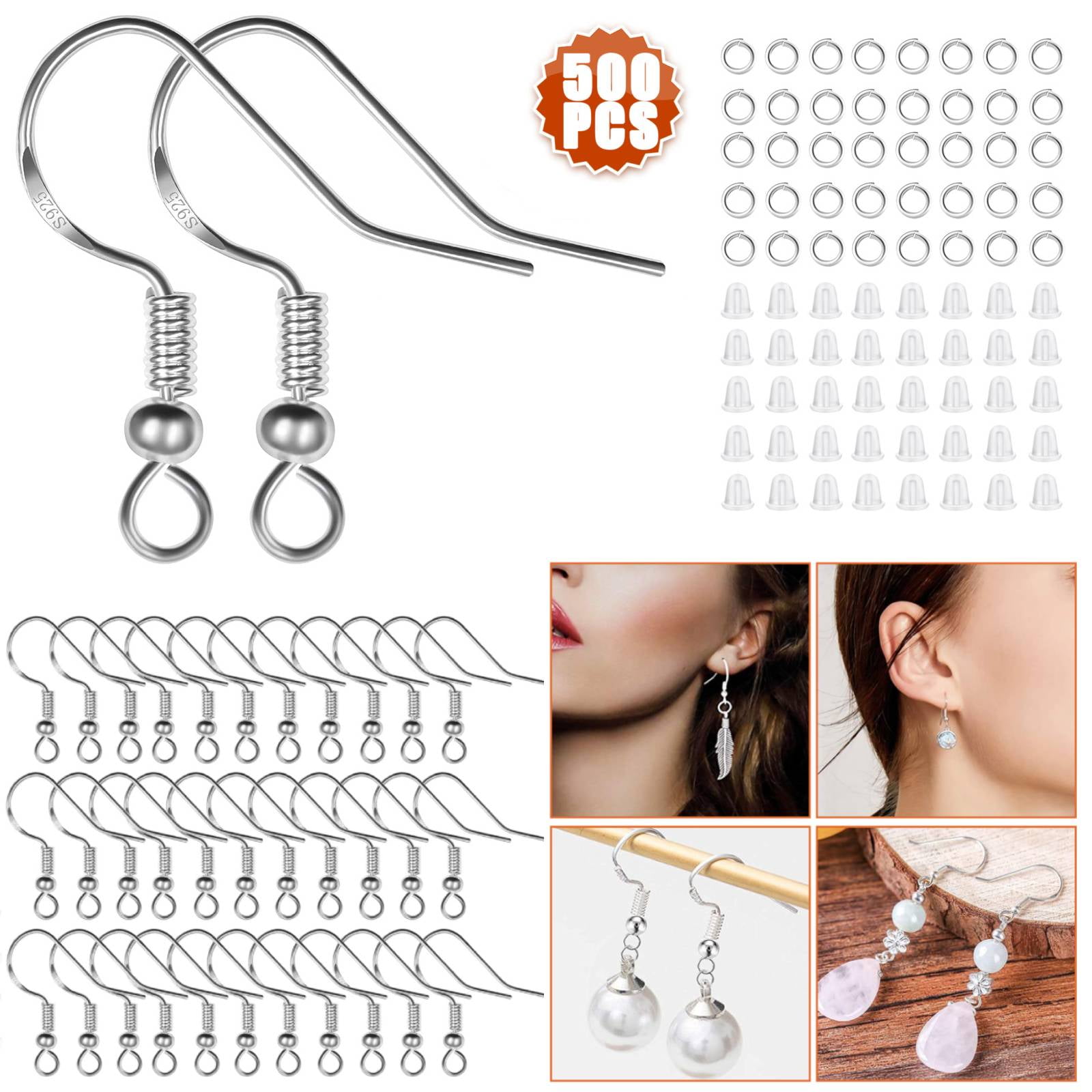 CELECTIGO 925 Sterling Silver Earring Hooks, 500-Pcs Ear Wire Fish Hooks  Hypoallergenic Earring Making Kit with Clear Silicone Earring Backs  Stoppers for All DIY Jewelry Making 
