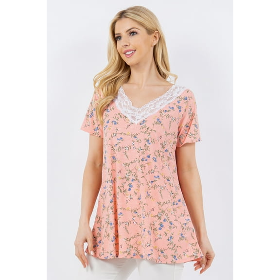 CELESTE Women's Floral Pattern Summer V-Neck Tunic Blouse Top Short Sleeve with Lace Details Small-3x Made in The USA Loose Fit Casual Everyday Wear