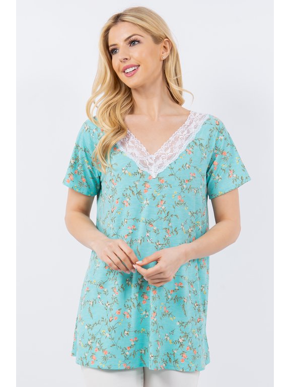 CELESTE Women's Floral Pattern Summer V-Neck Tunic Blouse Top Short Sleeve with Lace Details Small-3x Made in The USA Loose Fit Casual Everyday Wear