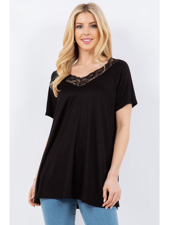CELESTE Women's Solid Colored Summer V-Neck Tunic Blouse Top Short Sleeve with Lace Details Small-3x Made in The USA Loose Fit Casual Everyday Wear
