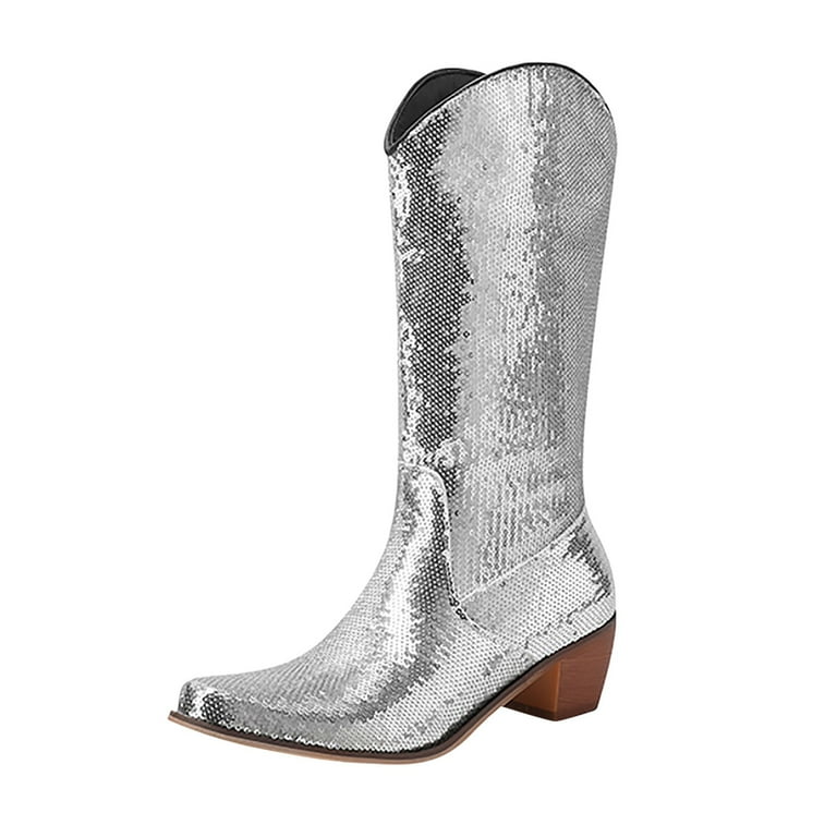 CELIEAN Ladies Sequin Heels Western Cowboy Boots Pointed Toe Mid