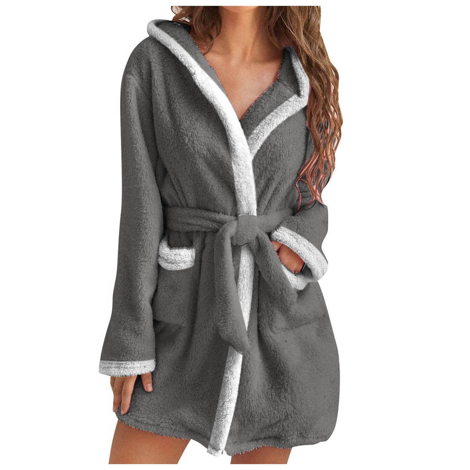CELIEAN Robes Women Bathrobe Hooded Fuzzy Short Robe Long Sleeve Robe