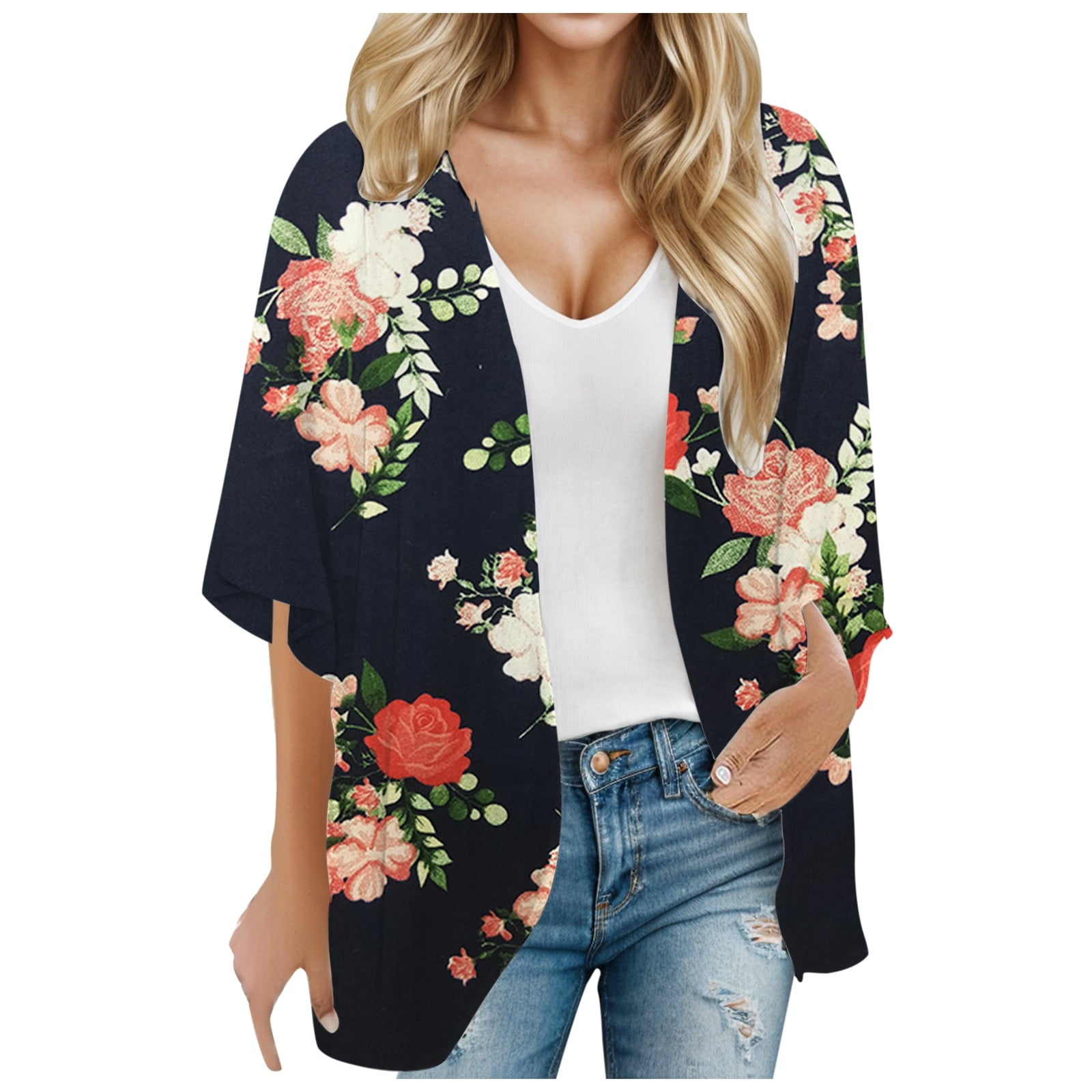 CELIEAN Summer Womens Floral Printed Puff Sleeve Chiffon Kimono