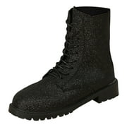 CELIEAN Women Ankle Boots Fashionable New Pattern Shiny And Simple Round Toe Comfortable Lace Up Casual And Versatile Black