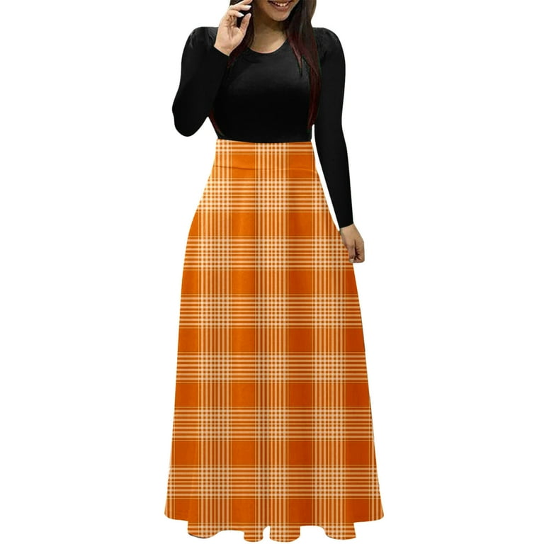 CELIEAN Women Autumn And Winter Casual Round Neck Long Sleeve Printed Dress Long Skirt Casual Skirt 50s 60s Clothes Yellow