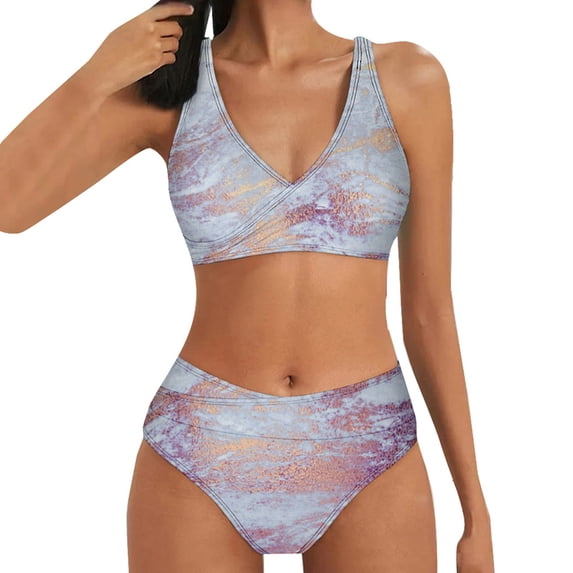 CELIEAN Women Fashion Casual Print Strap Bra Sexy Bikini Swimwear Bathing Two Piece Swimsuit Purple M
