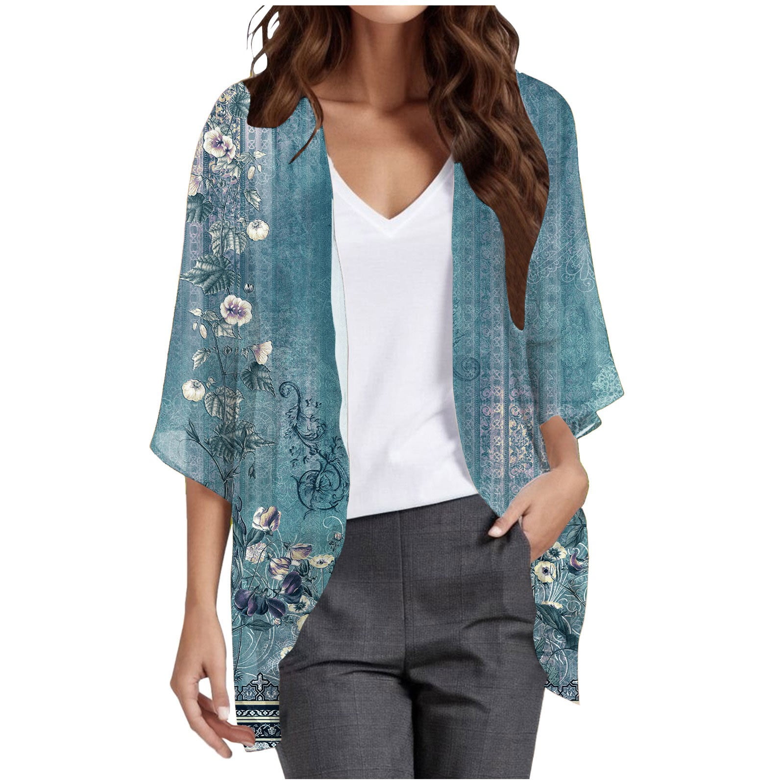 CELIEAN Women's Floral Print Puff Sleeve Kimono Cardigan Loose Cover Up