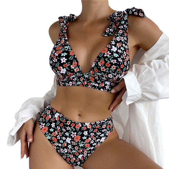 CELIEAN Women's Retro Floral Split Sexy Bikini With Pad Swimsuit Black L