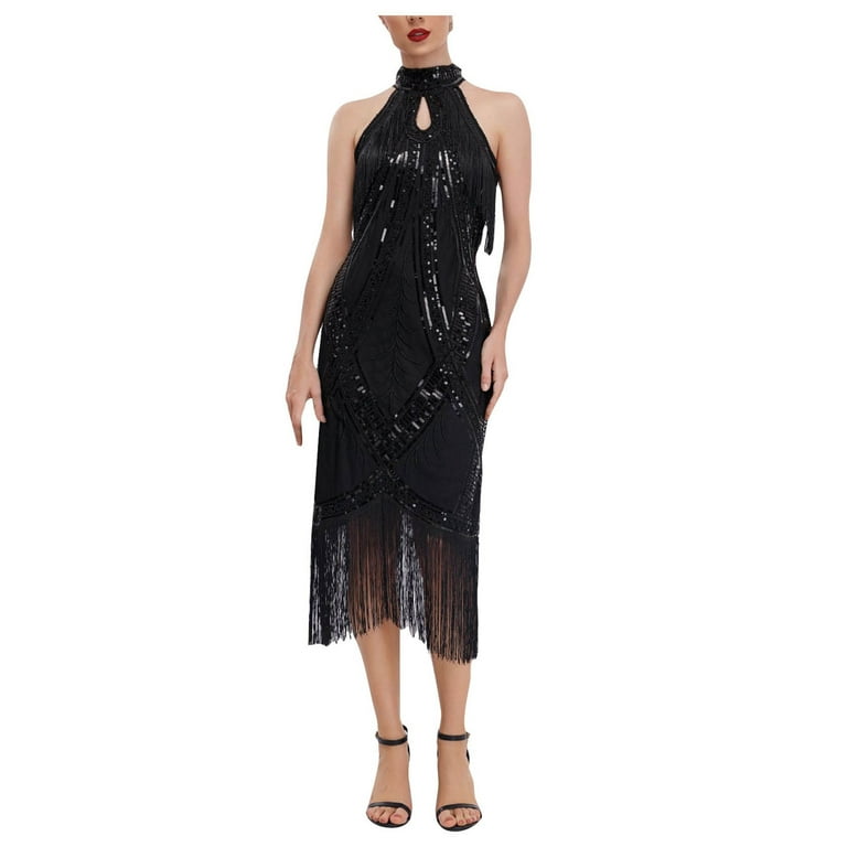 CELIEAN Womens 1920S Flapper Dress Ersonality Vintage Long Fringe Dress Roaring 20S Sequins Beaded Dress Black