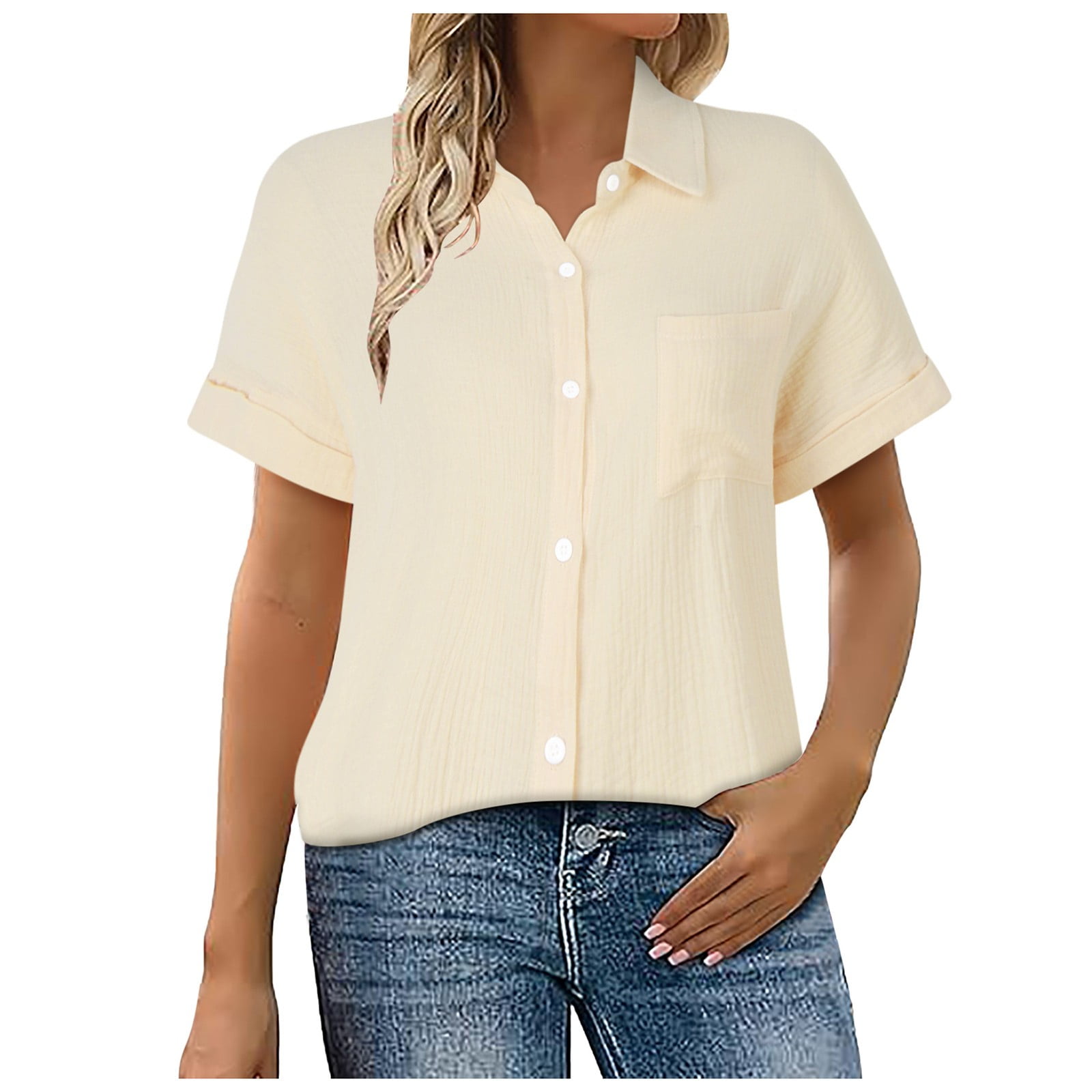 CELIEAN Womens Button Down Shirts Casual Short Sleeve Dress Shirt Textured  Summer Work Blouse Beige XL - Walmart.com, image size:1600x1600