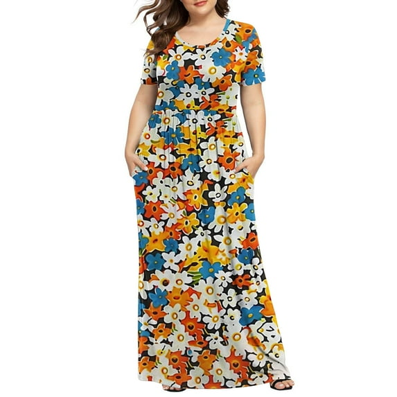 XFYSSS Plus Size Dresses for Women Round Neck Printed Short Sleeve Maxi Dresses Casual Empire Waist Long Dress with Pockets XL-5XL