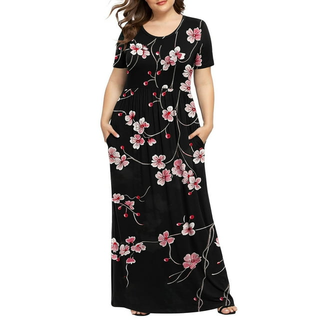 CELILIN Plus Size Dresses for Women Round Neck Printed Short Sleeve Maxi Dresses Casual Empire Waist Long Dress with Pockets XL-5XL
