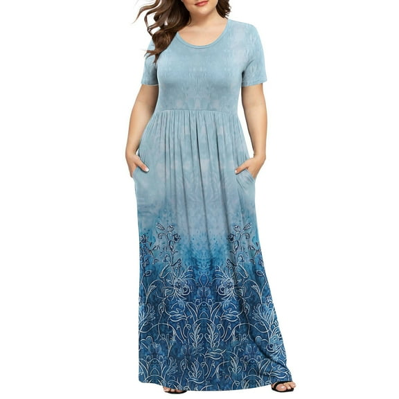 CELILIN Plus Size Dresses for Women Round Neck Printed Short Sleeve Maxi Dresses Casual Empire Waist Long Dress with Pockets XL-5XL
